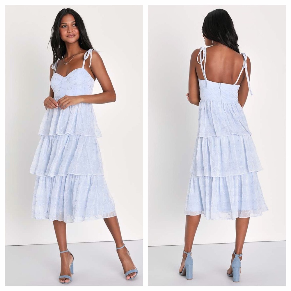 Lulu's Vineyard Visit Blue Embroidered Tie-Strap Tiered Midi
Dress